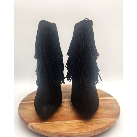 Zara Fringe Ankle Booties Women's 8.5M Black Suede Back Zip 4‎ Inch Heel Western - Picture 2 of 13